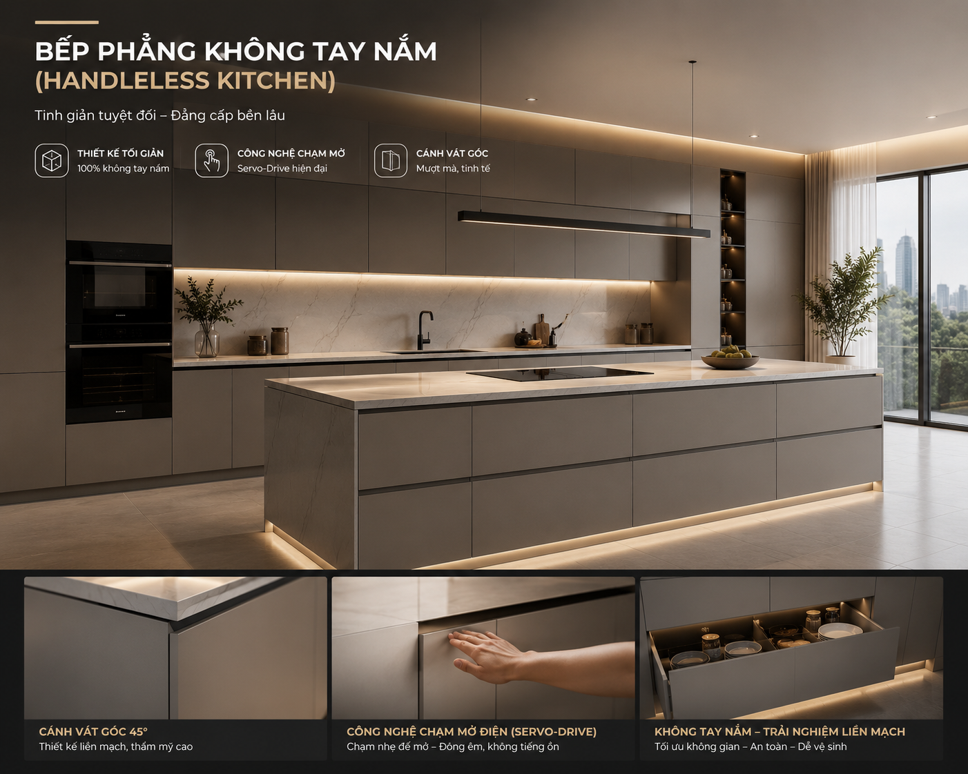 Bếp phẳng không tay nắm (Handleless Kitchen)