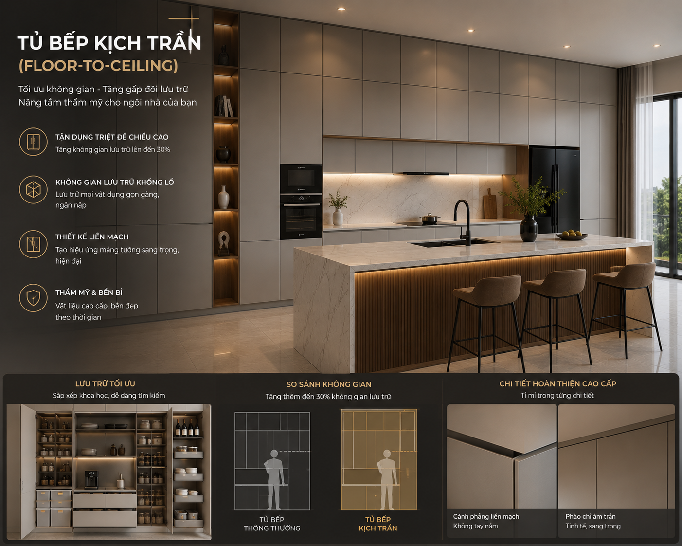 Tủ bếp kịch trần (Floor-to-Ceiling):