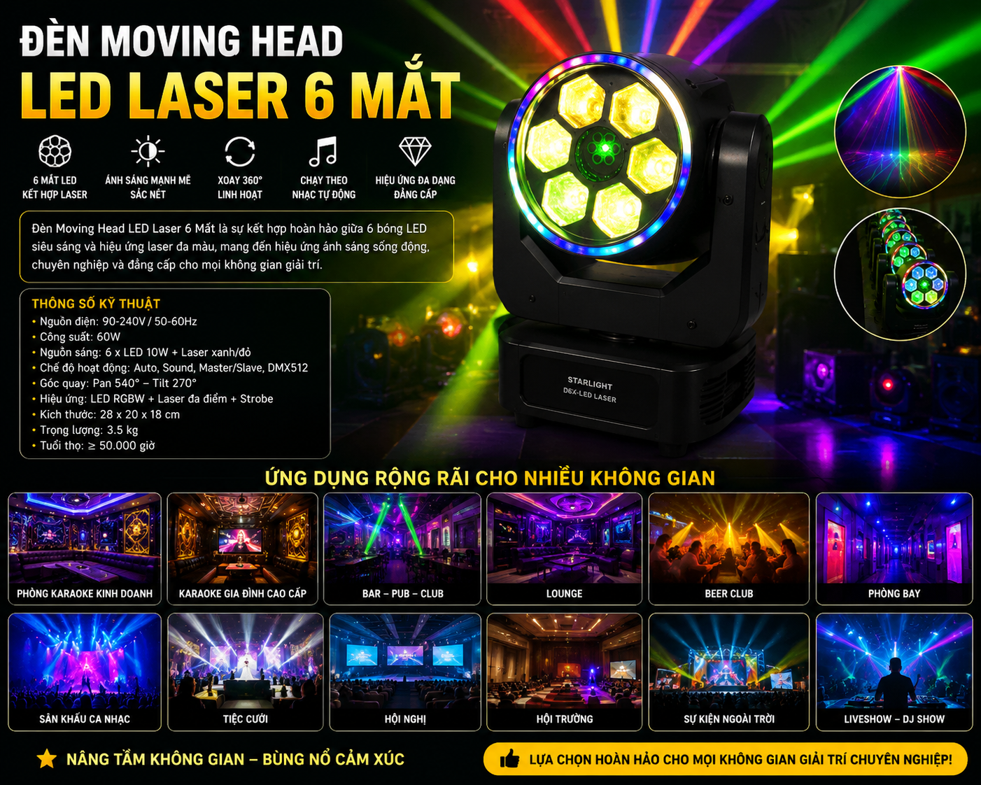 Đèn Moving Head 6 mắt chiếu sáng sân khấu chuyên nghiệp
