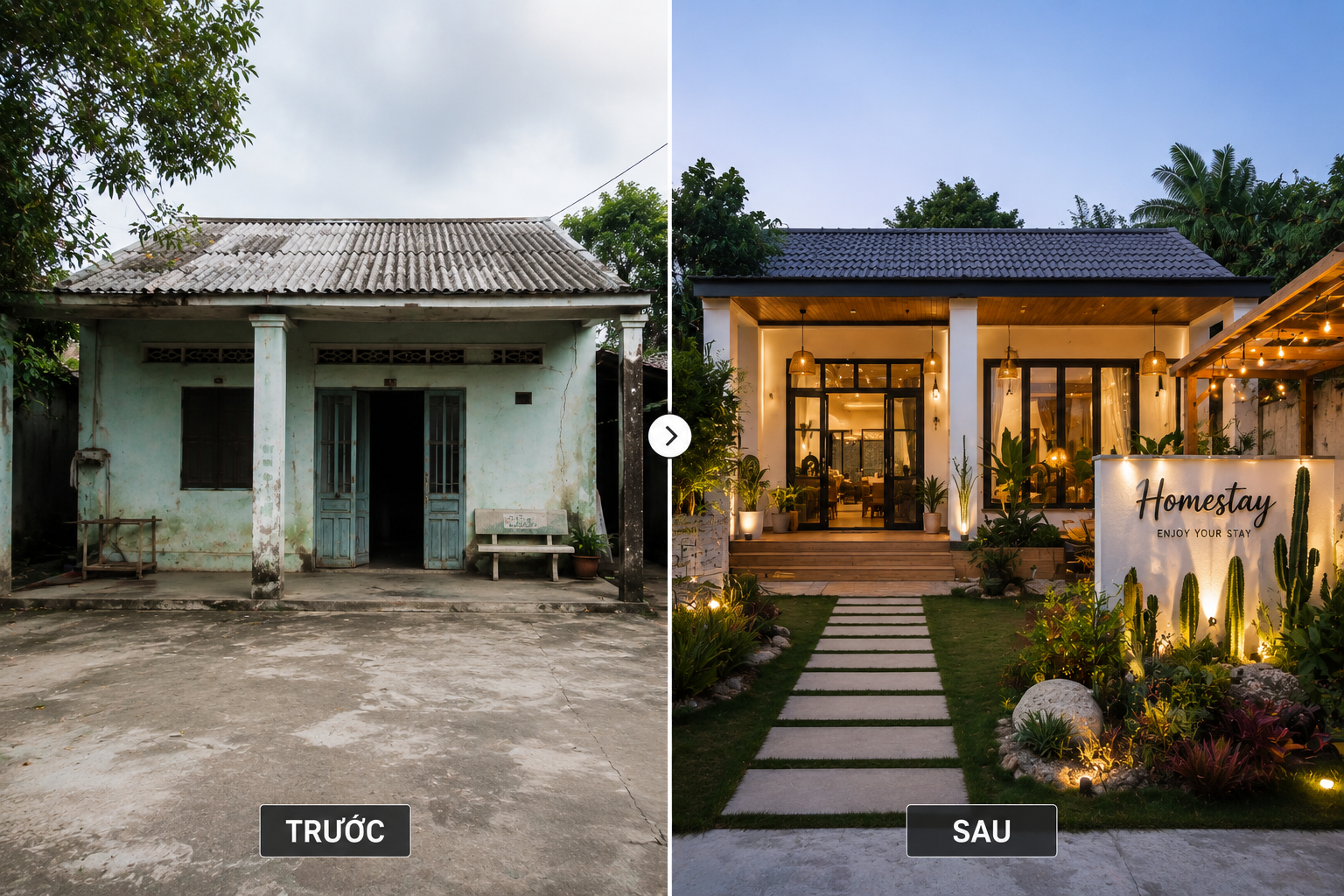 Cải tạo nhà cấp 4 cũ thành homestay phong cách hiện đại.