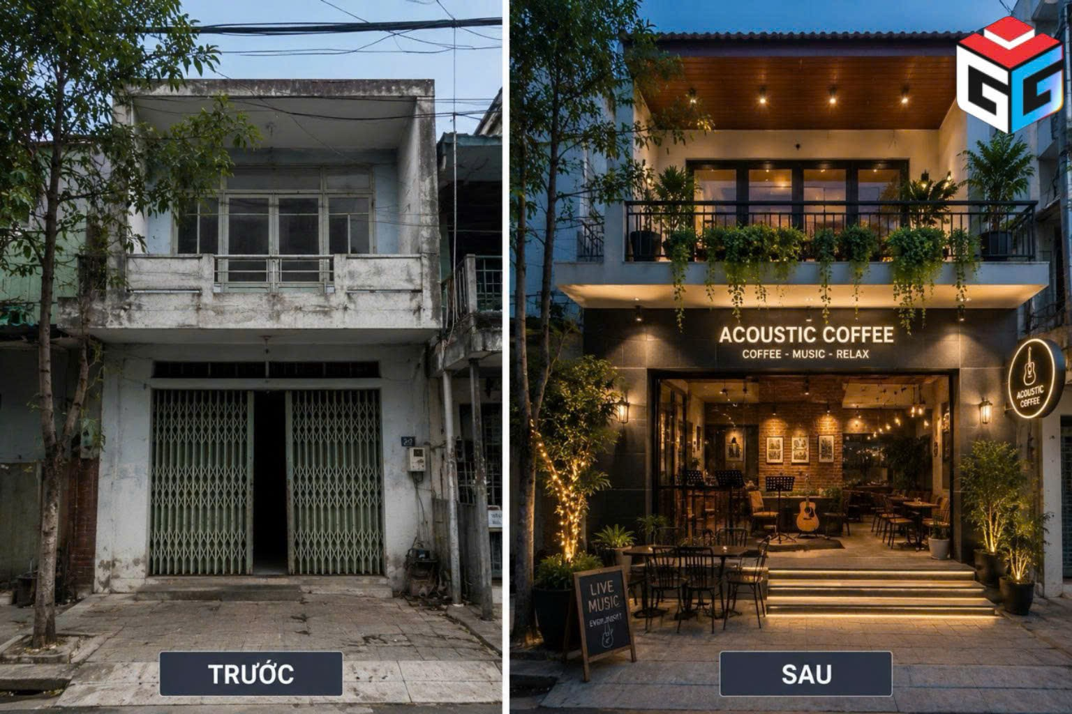 Nhà phố cải tạo thành quán cafe acoustic hiện đại.