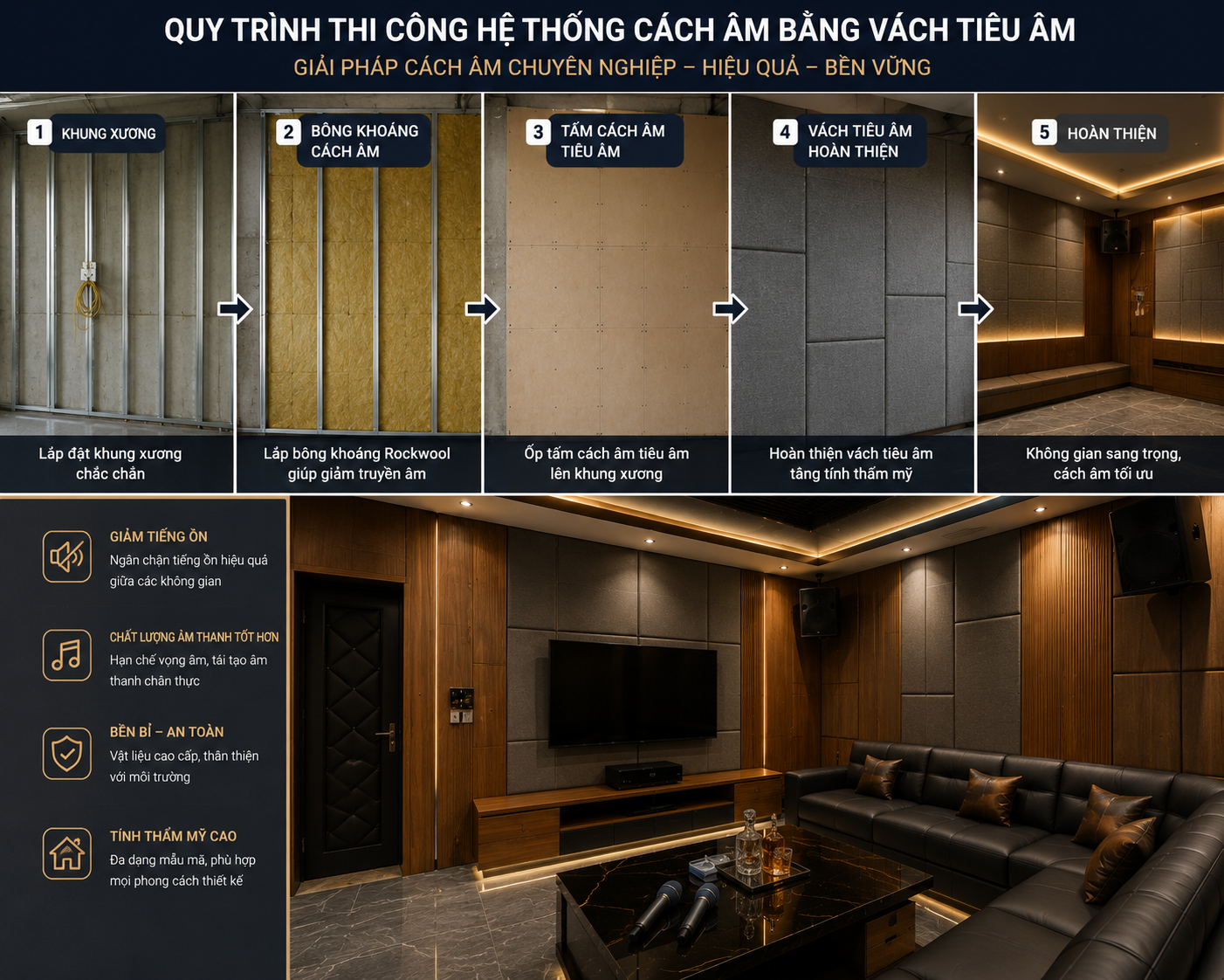 Thi công hệ thống cách âm bằng vách tiêu âm.