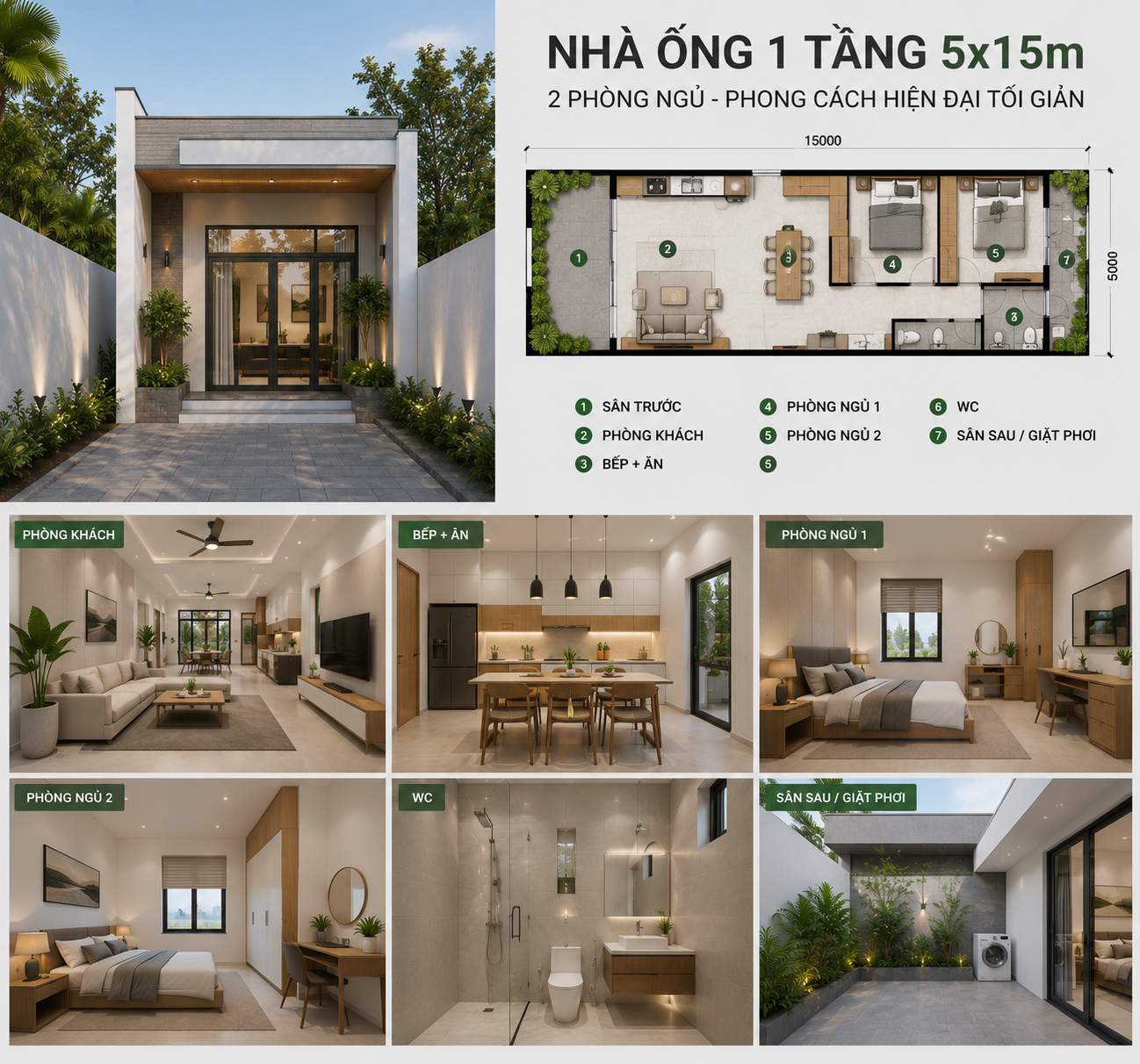 Mẫu nhà ống 1 tầng 2 phòng ngủ 5*15m hiện đại tối giản 