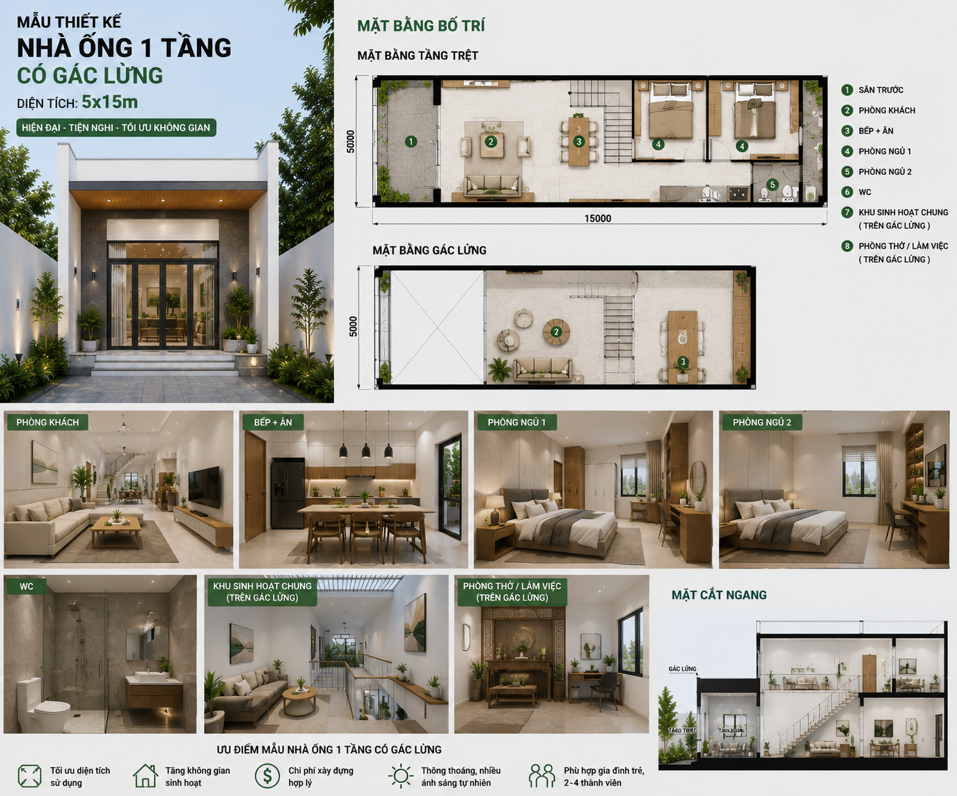 Mẫu thiết kế nhà ống đẹp 1 tầng có gác lửng