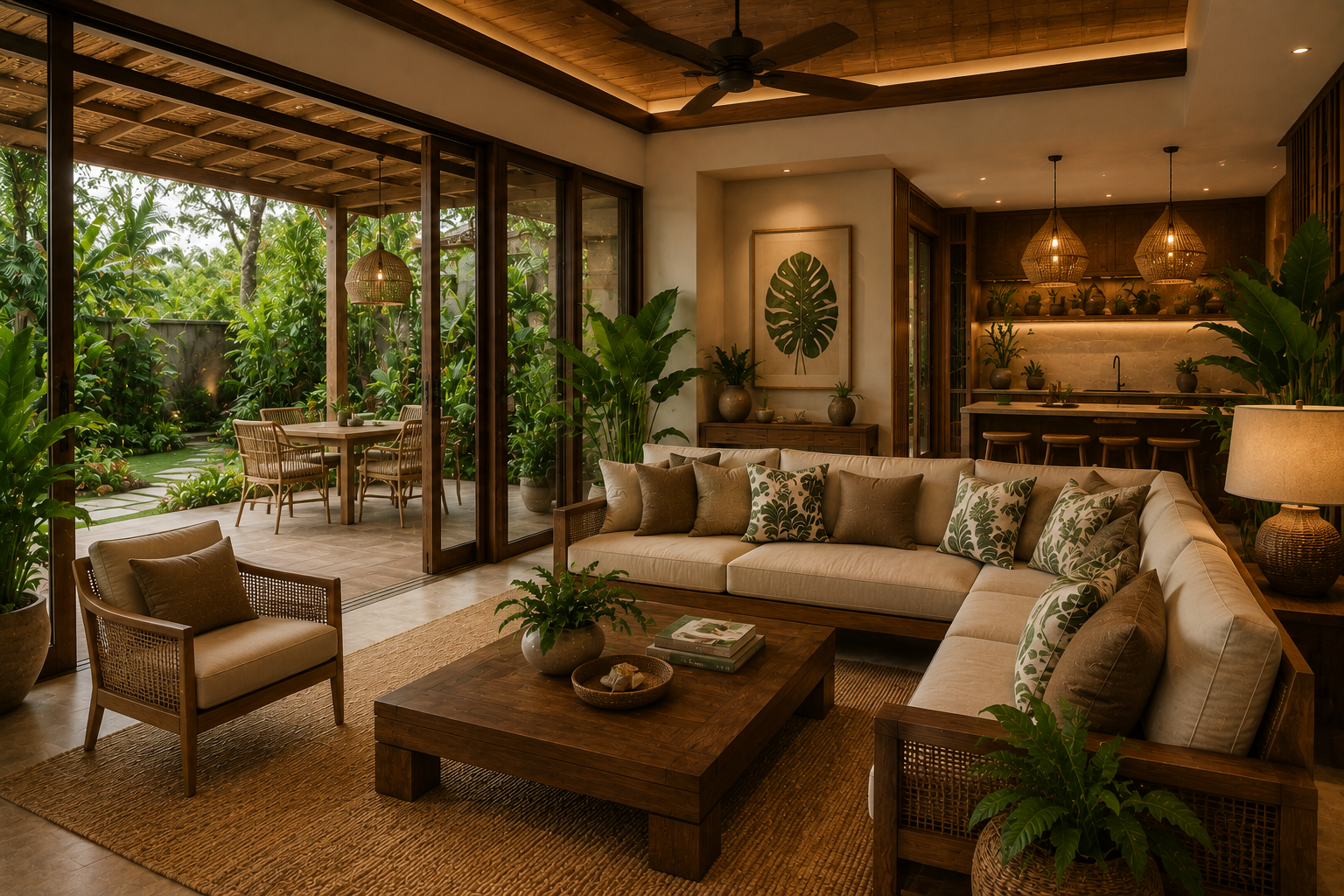 Phòng khách nhà vườn phong cách Tropical