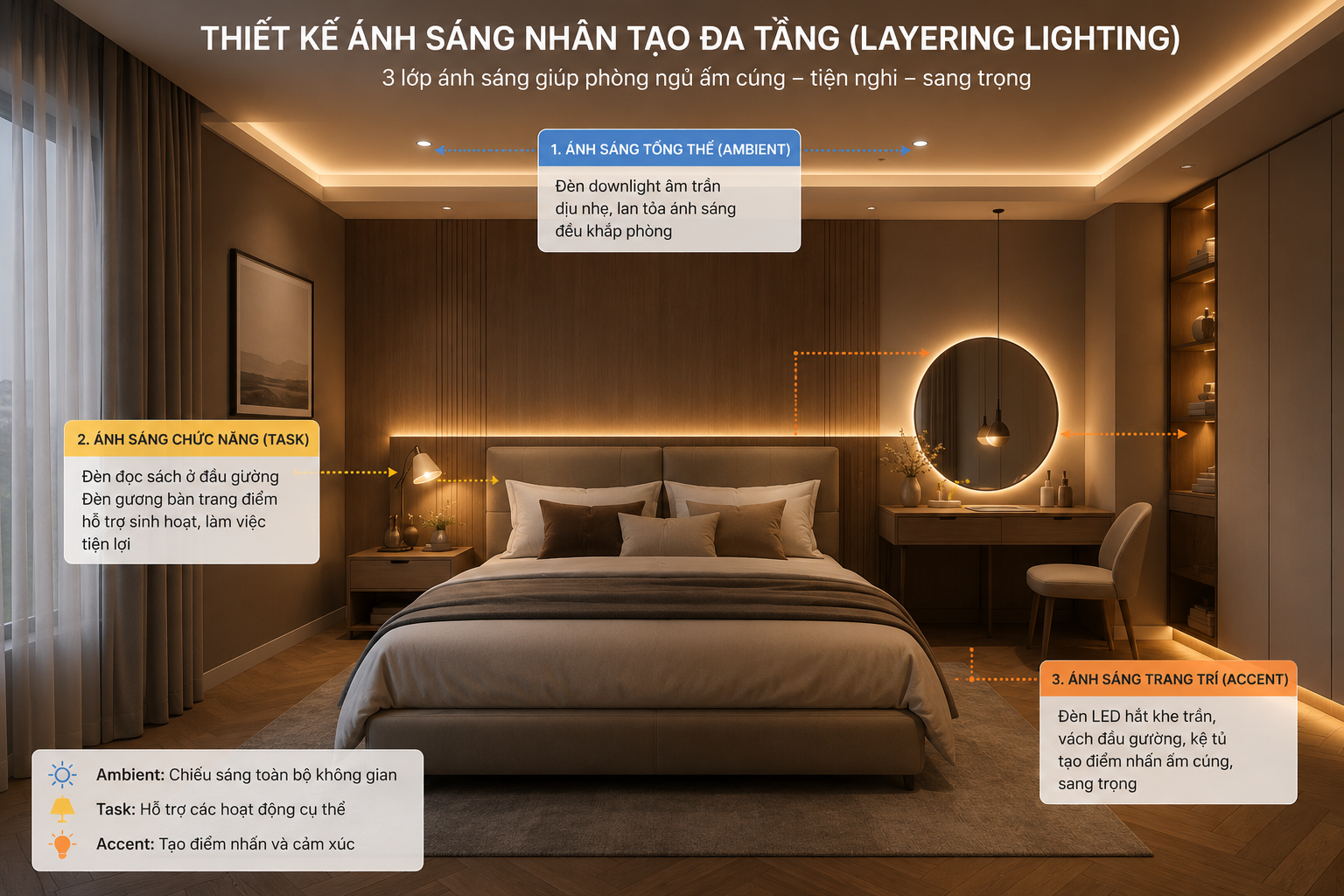thiết kế ánh sáng phòng ngủ đa tầng (Layering Lighting) hiện đại