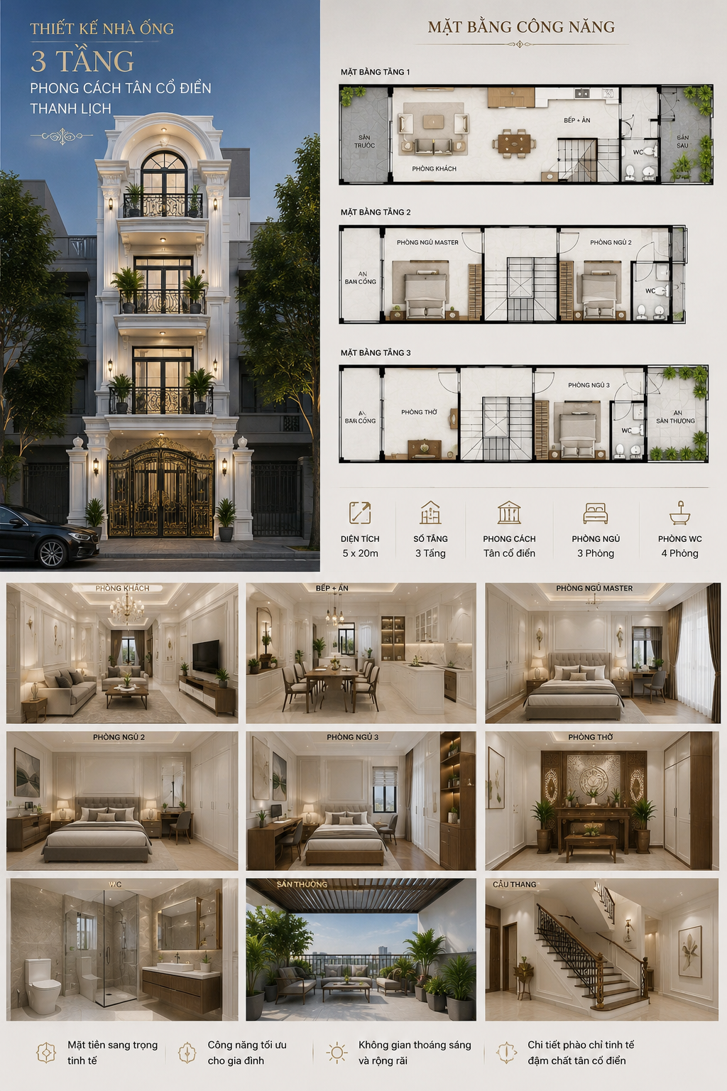 Thiết kế nhà ống 3 tầng phong cách tân cổ điển