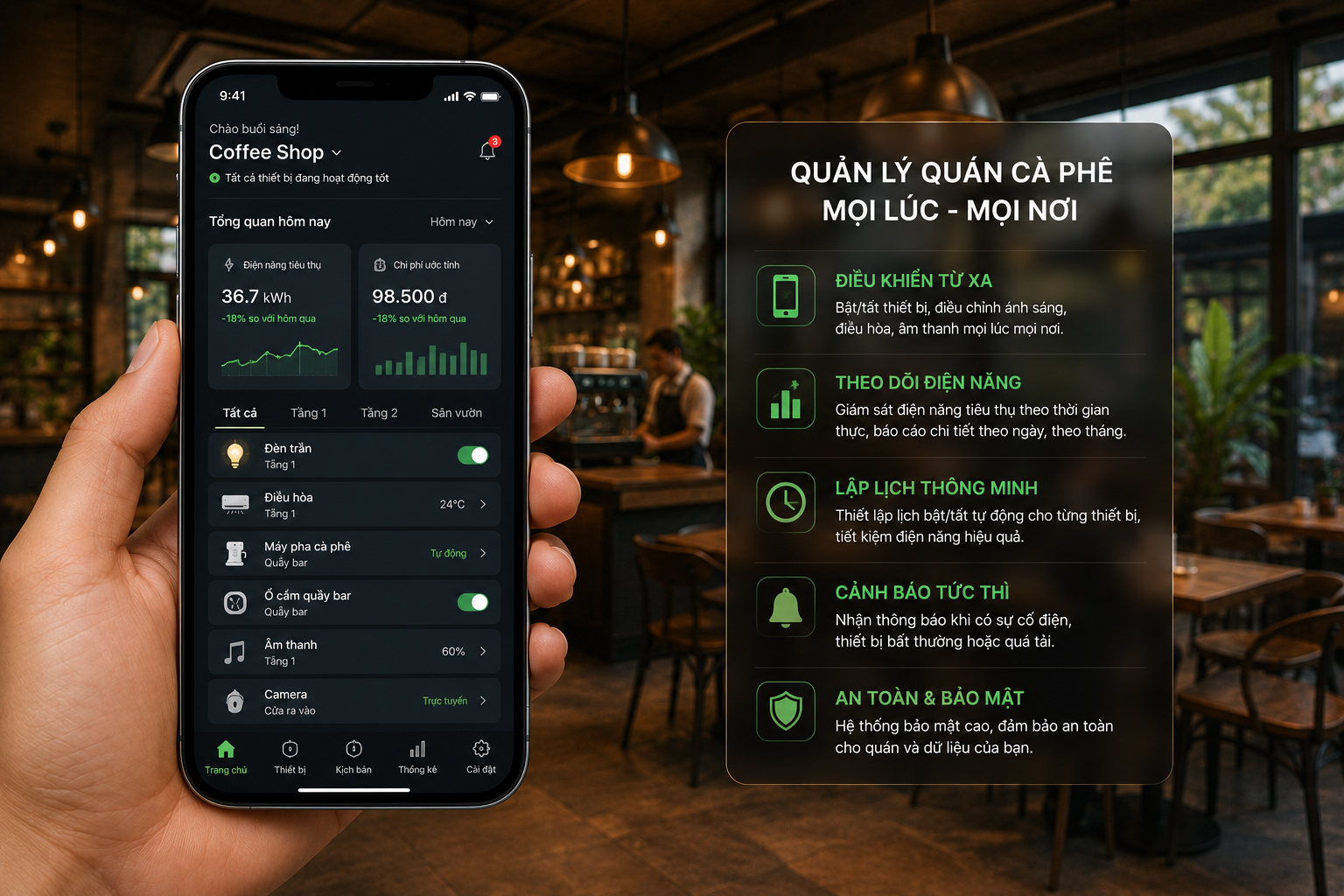 Ứng dụng quản lý điện thông minh quán cà phê từ xa