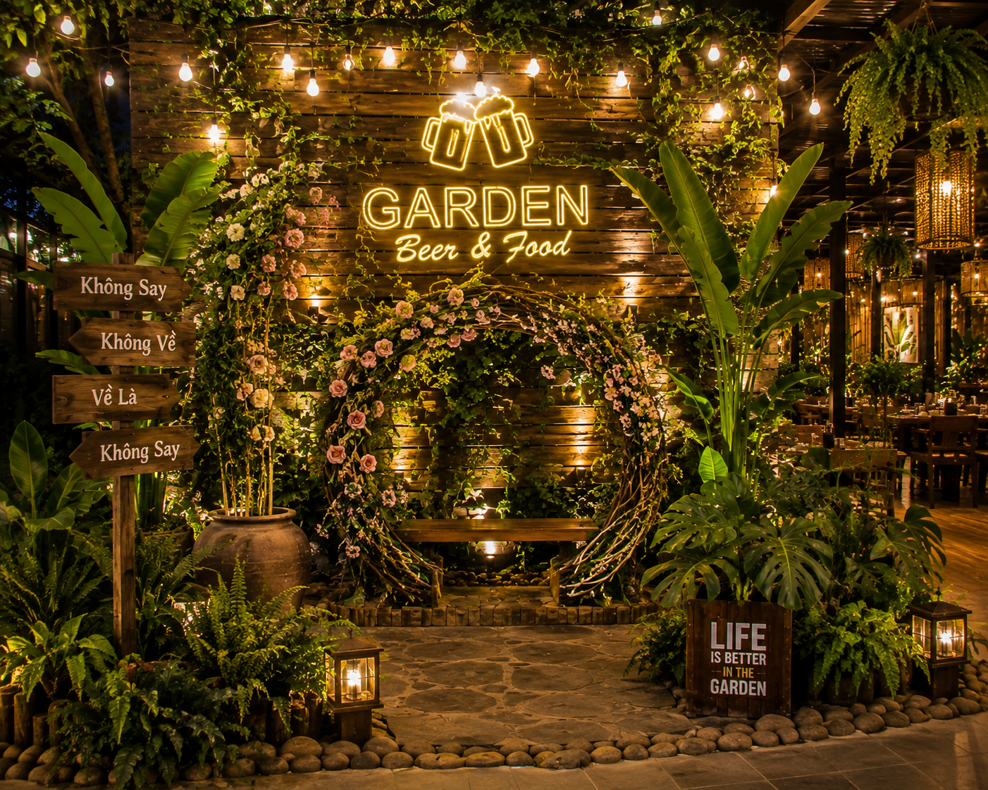Góc check-in quán nhậu Garden thu hút khách hàng