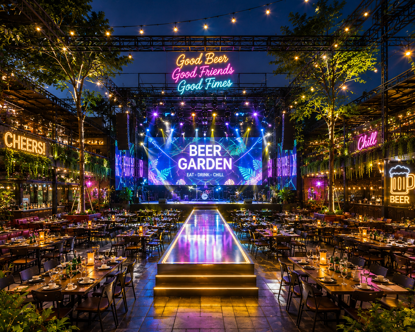 Không gian Beer Garden mở - Check-in hiện đại Không gian mở với trần cao.