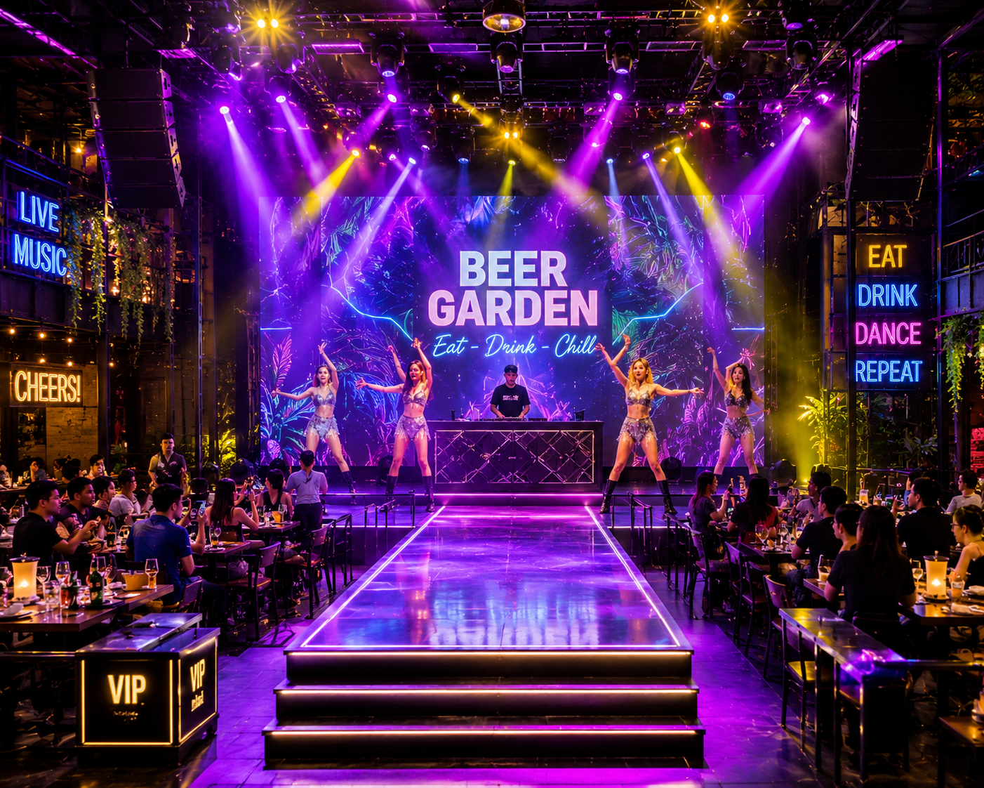 Khu vực sân khấu DJ kết hợp sàn bay trong không gian Beer Garden hiện đại
