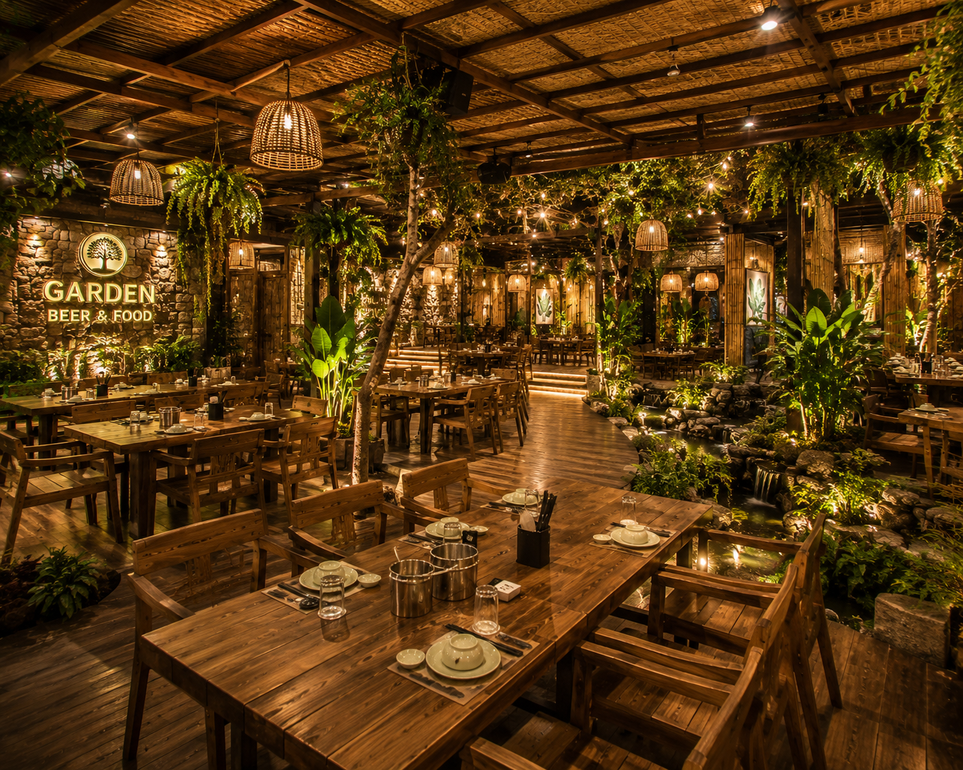 Nội thất quán nhậu Garden sử dụng vật liệu tự nhiên