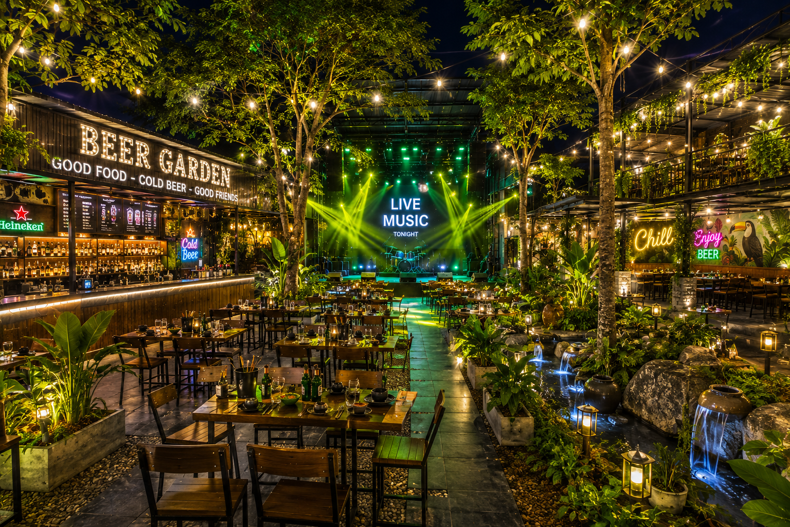 Không gian quán nhậu phong cách Beer Garden với sân vườn xanh mát, cây xanh,
