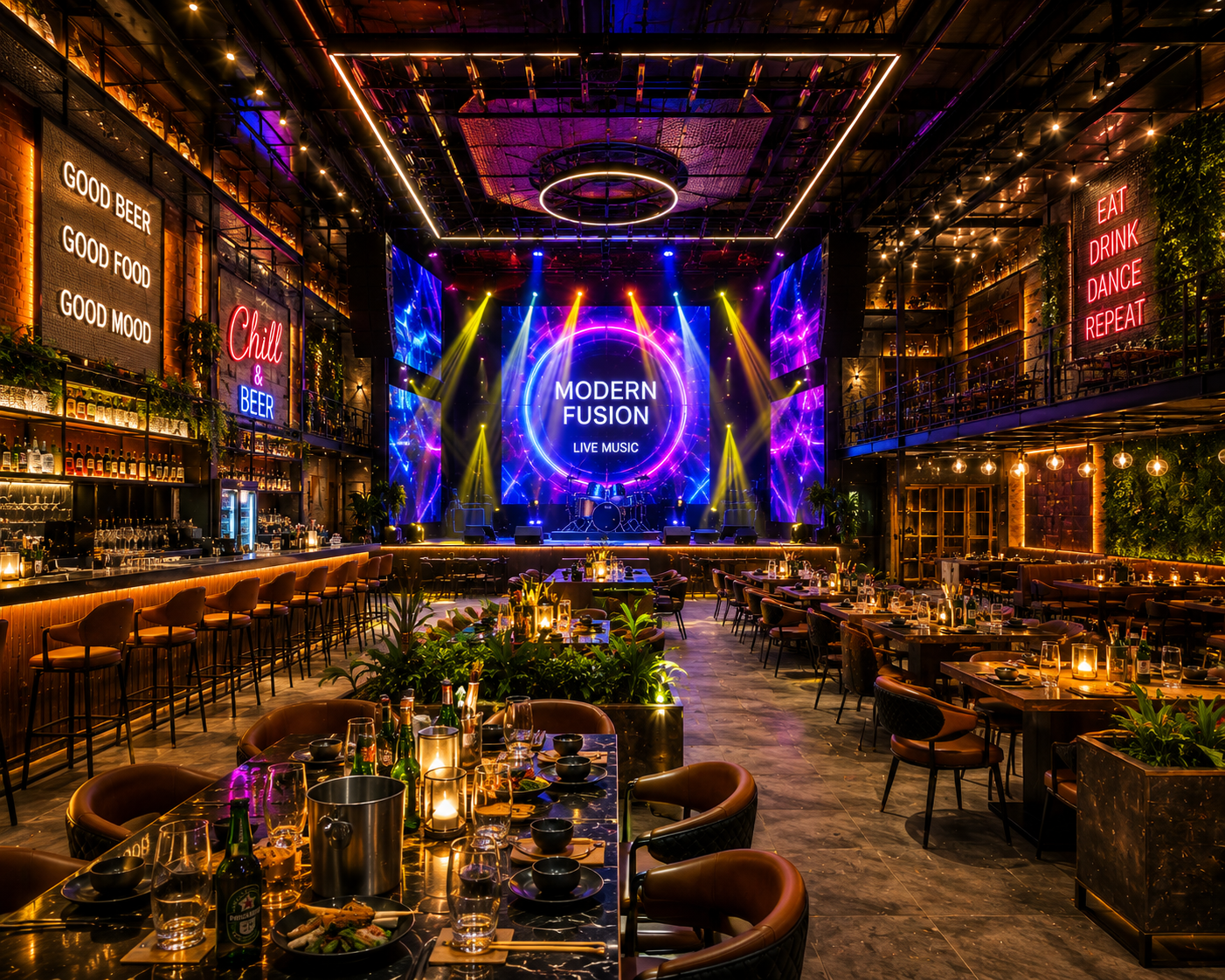 Thiết kế quán nhậu phong cách Modern Fusion kết hợp Beer Garden với sân khấu biểu diễn